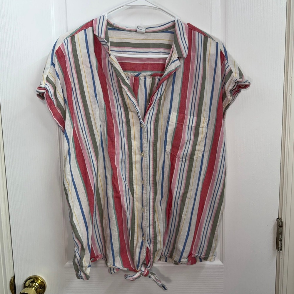 Old Navy multicolor striped button down‎ v-neck cuffed sleeve tie hem shirt XL